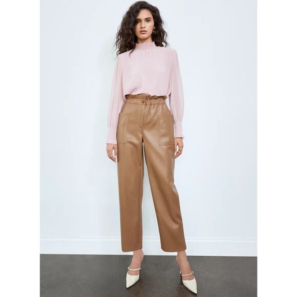 Aritzia WILFRED Caroline Tan Vegan Leather High Waisted Paperbag Pants, Size 00 - Picture 11 of 13